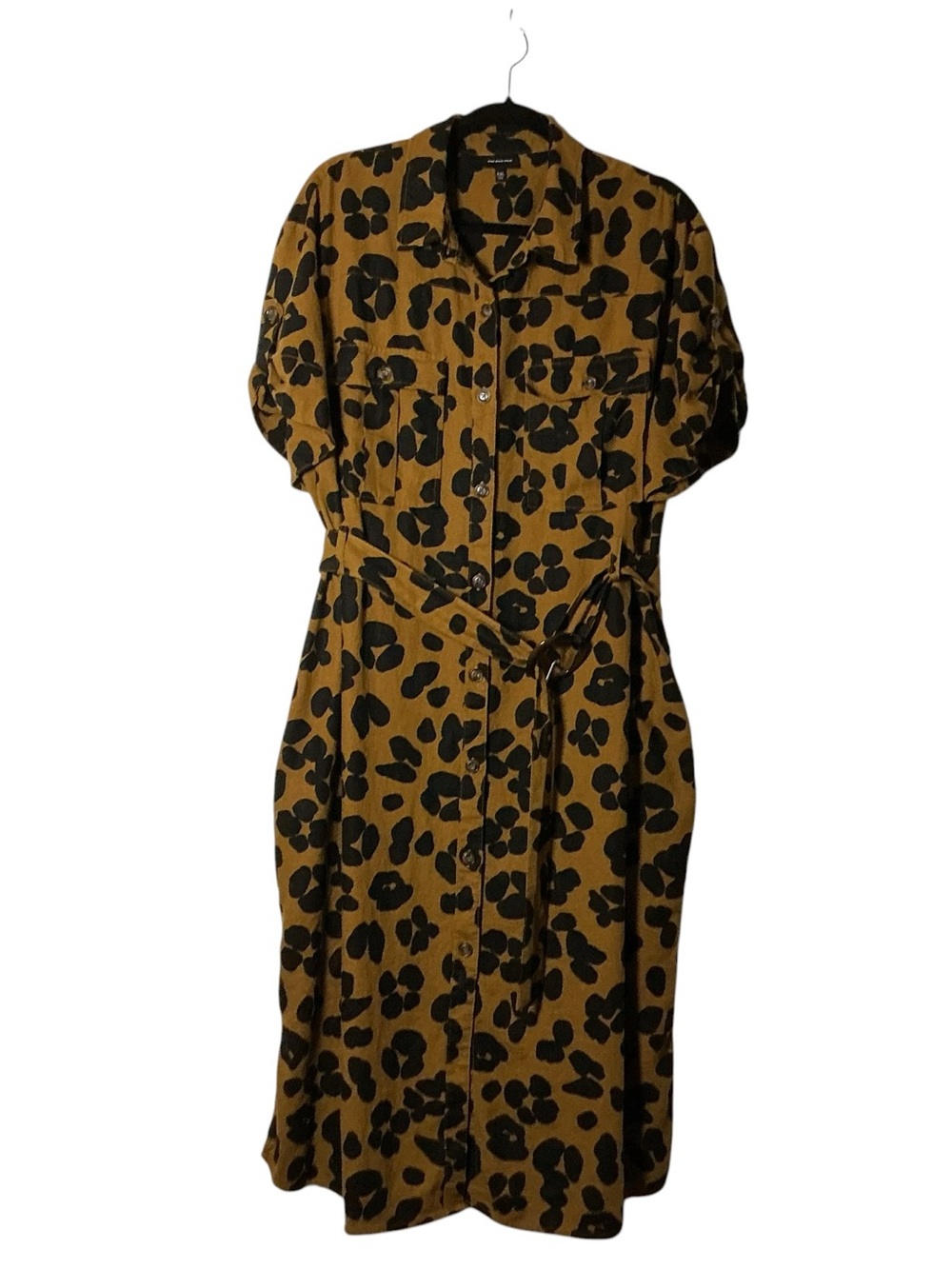 Who What Wear Linen Blend Midi Shirtdress XXL Mustard Tan Leopard Print Belted - Picture 3 of 13